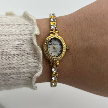 Gold-Toned Diamanté Tennis Bracelet Watch with Mother of Pearl Dial