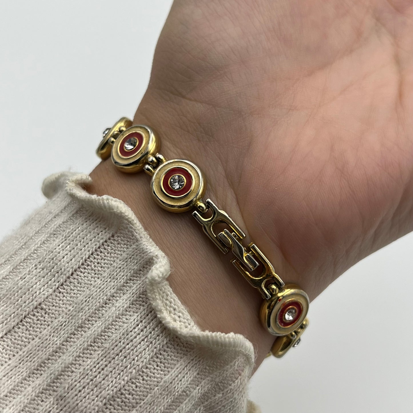 Red & Beige Detailed Diamante Watch