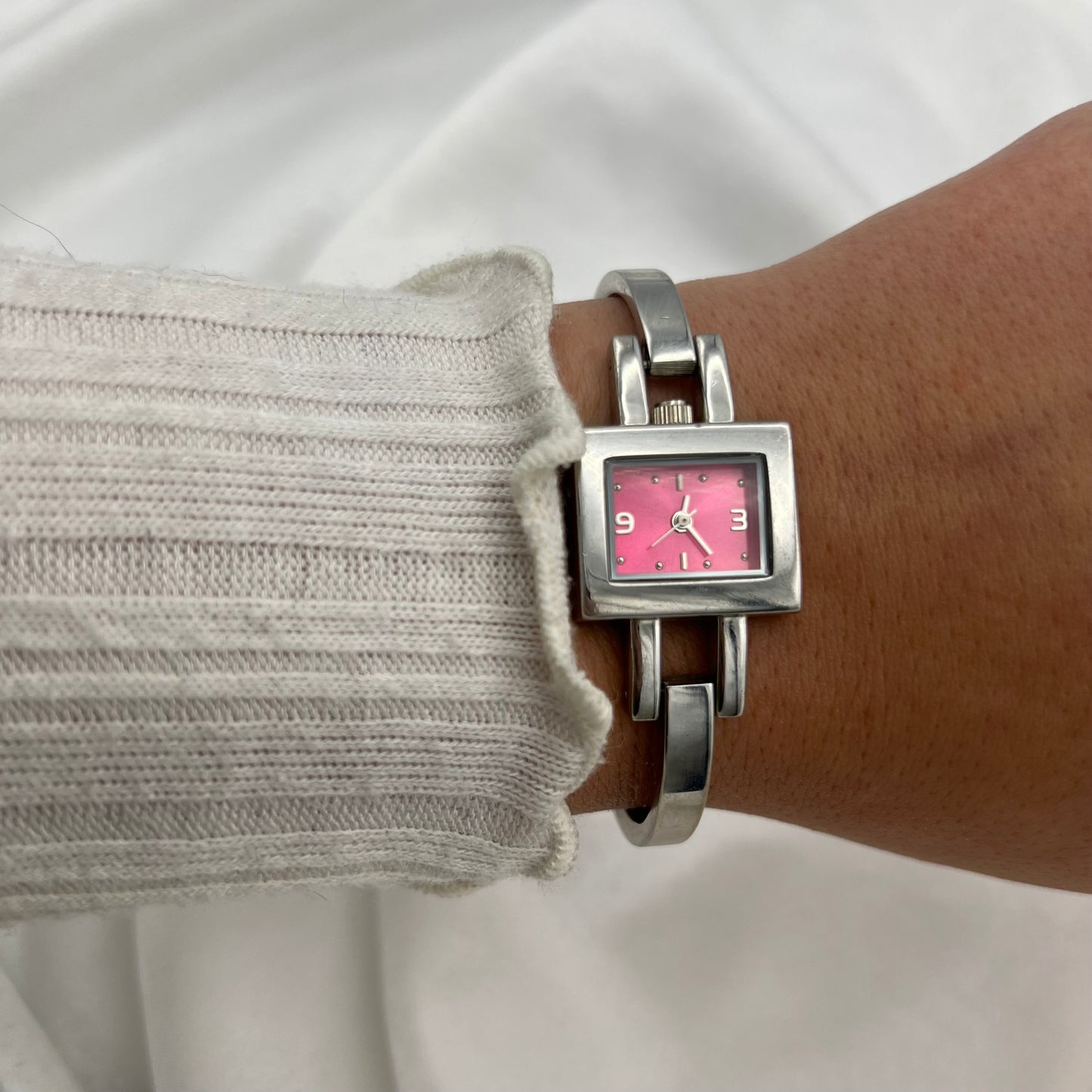 Silver-Toned Watch with Hot Pink Dial