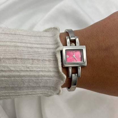 Silver-Toned Watch with Hot Pink Dial