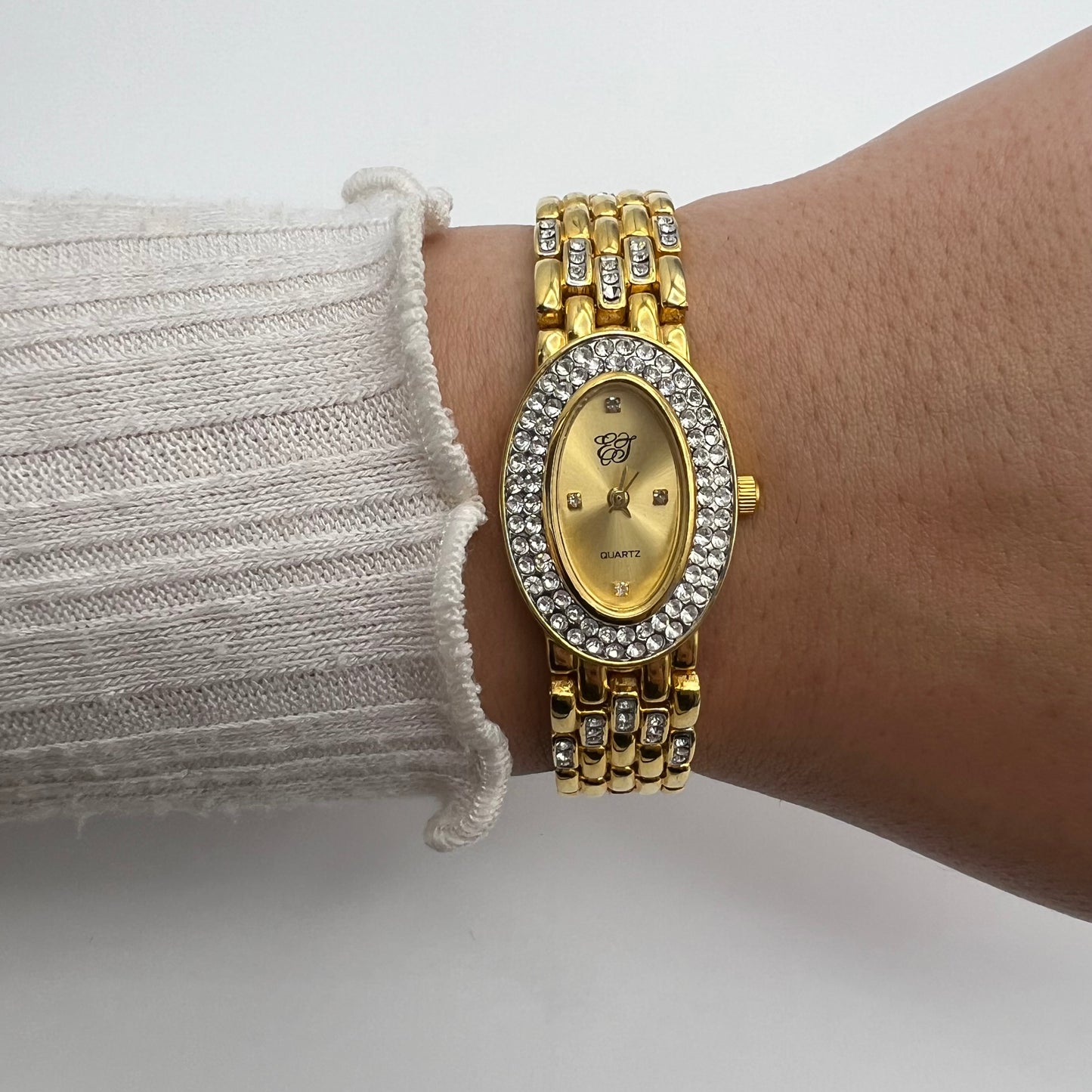 Gold-Toned Watch with Oval Diamanté Dial