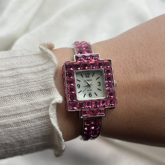 Cute Pink Gemstone Watch with Mother of Pearl Dial