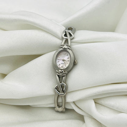 Silver-Toned Heart Watch with Pink Mother of Pearl Dial