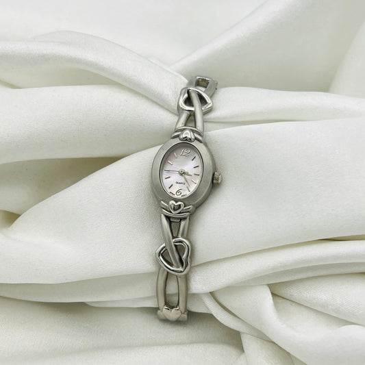 Silver-Toned Heart Watch with Pink Mother of Pearl Dial