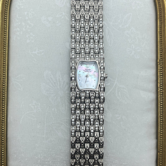 Silver-Toned Diamanté Watch with Mother of Pearl Dial