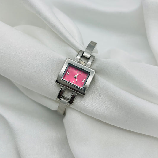 Silver-Toned Watch with Hot Pink Dial