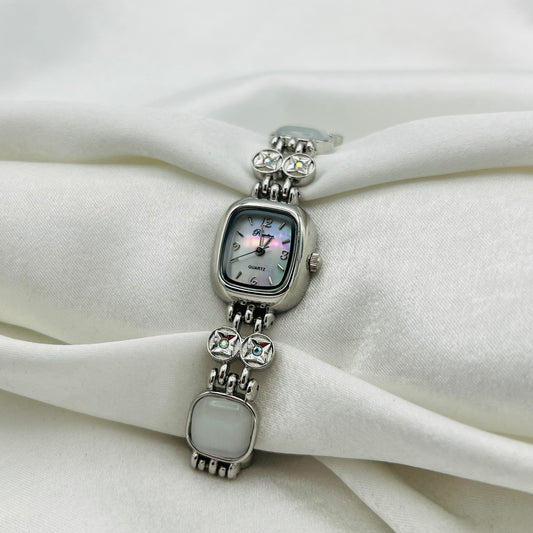 🤍 White Gemstone Watch with Mother of Pearl Dial
