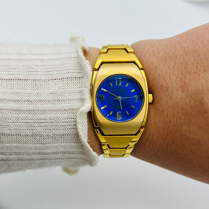 Gold-Toned Watch with Blue Dial