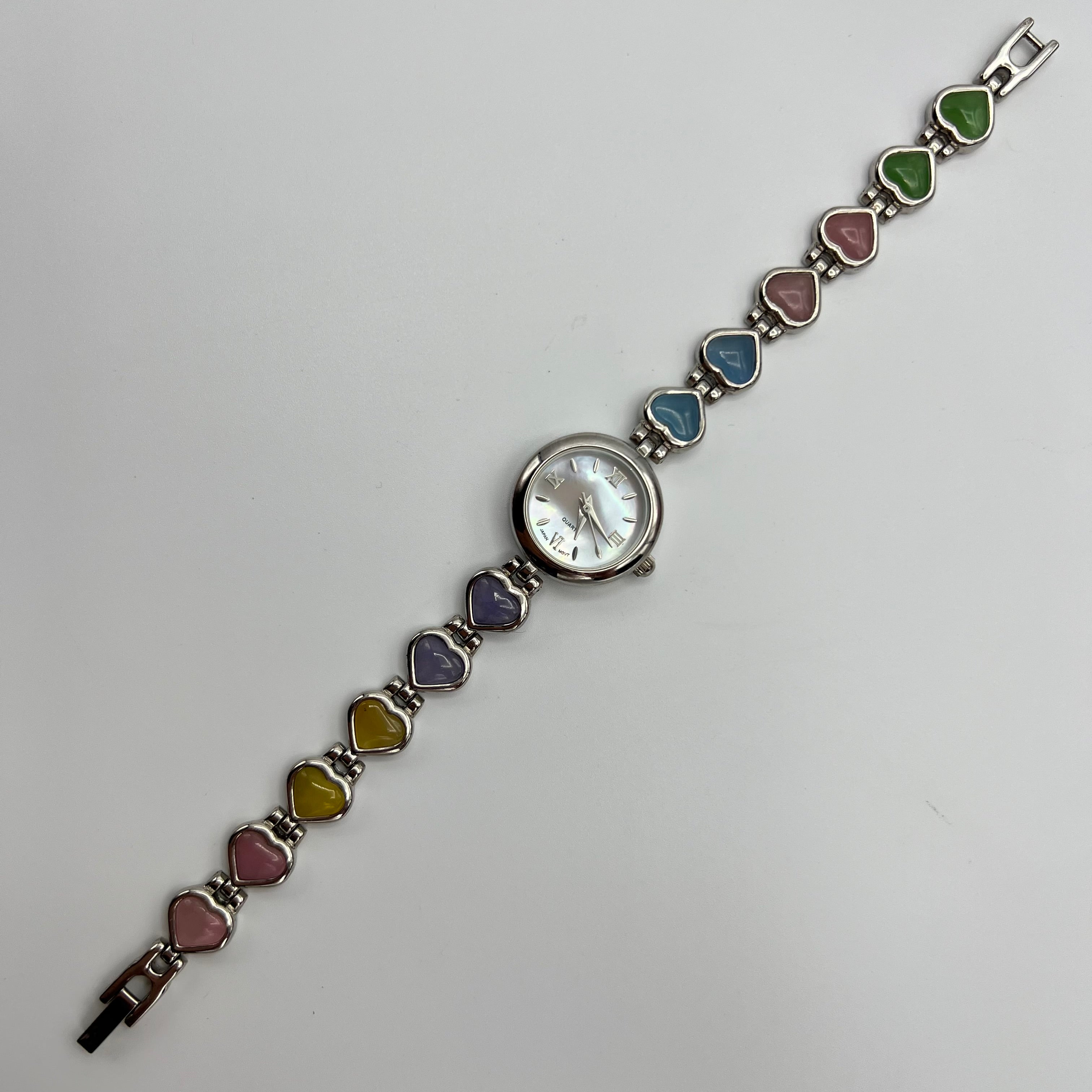 💗💜🩵 Silver-Toned Watch with Rainbow Hearts Strap