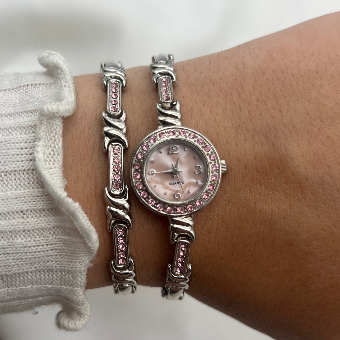 Pink Pearlized Diamanté Watch and Bracelet Set