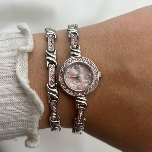 Pink Pearlized Diamanté Watch and Bracelet Set
