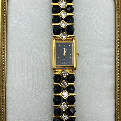 Gold-Toned Watch with Black Crystals