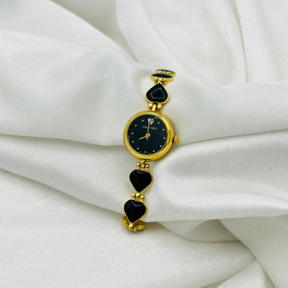 Gold-Toned Waltham Black Heart Strap Watch