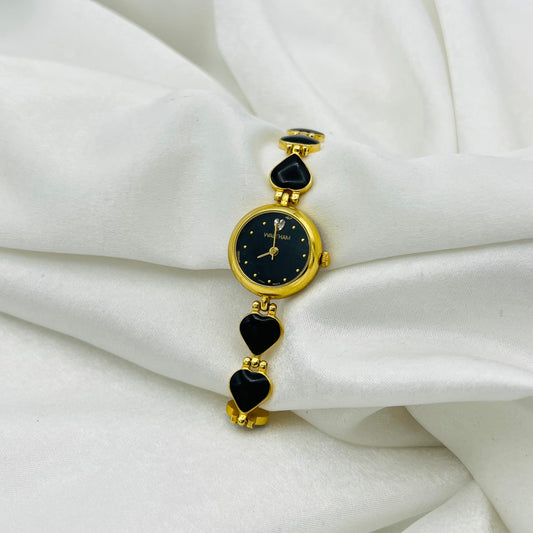 Gold-Toned Waltham Black Heart Strap Watch