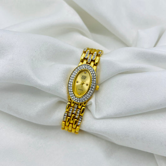 Gold-Toned Watch with Oval Diamanté Dial