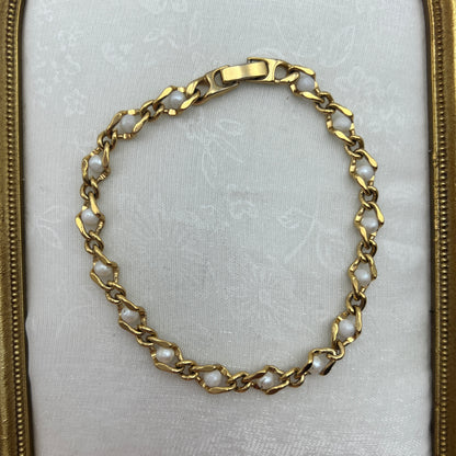White Beaded Gold-Tone Bracelet