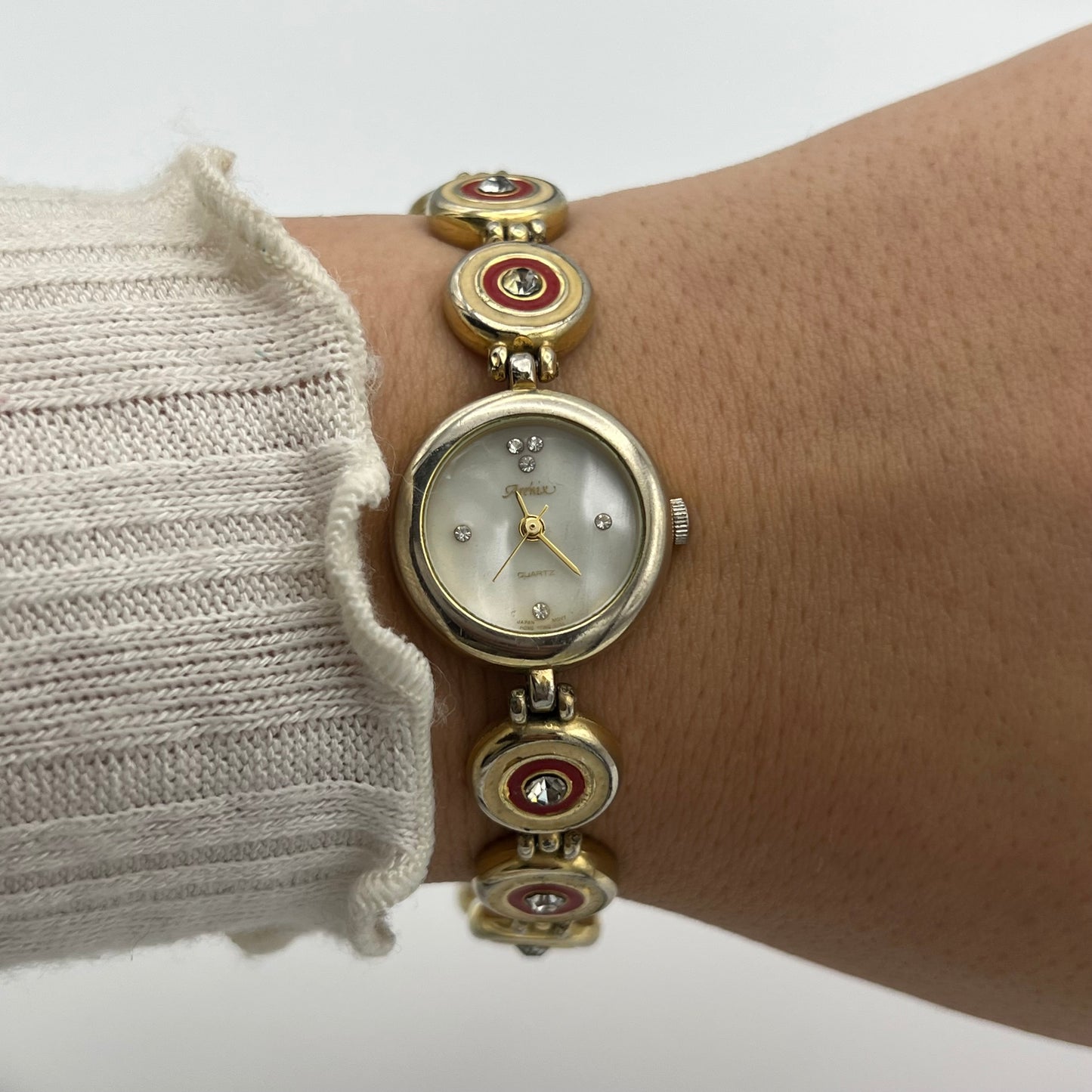 Red & Beige Detailed Diamante Watch