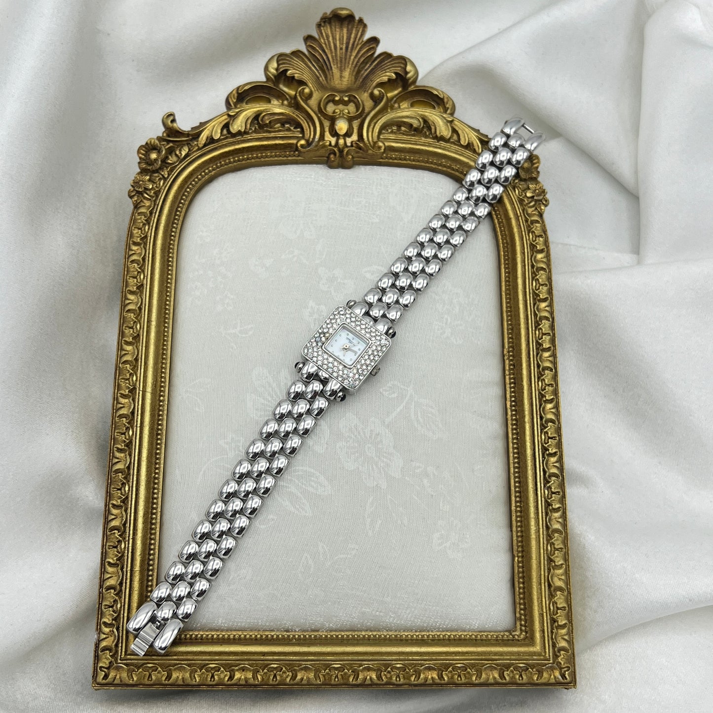 Elegant Diamanté Silver-Tone Watch with Mother of Pearl Dial