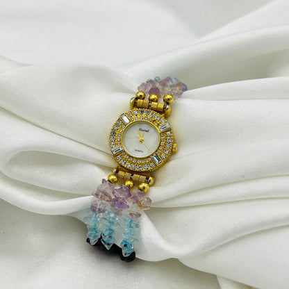 Gold-Toned Lucoral Watch with Multi-Colored Crystal Strap