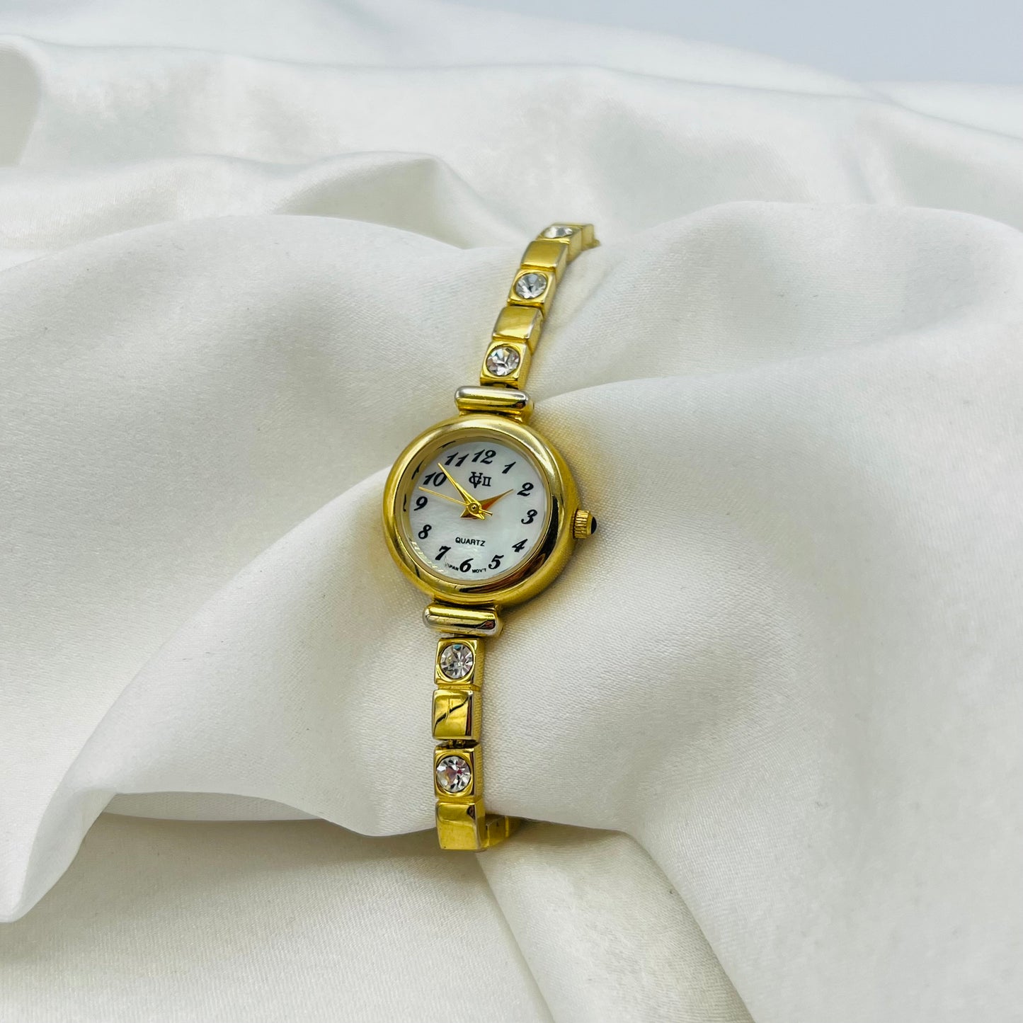 Diamanté Gold-Toned Watch with Mother of Pearl Dial