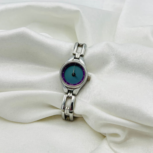Silver-Toned Watch with Colored Dial