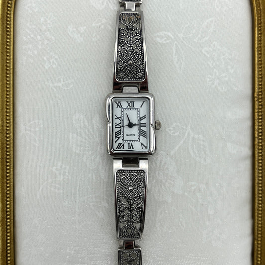 Art Deco Silver-Tone Watch with Roman Numeral Dial