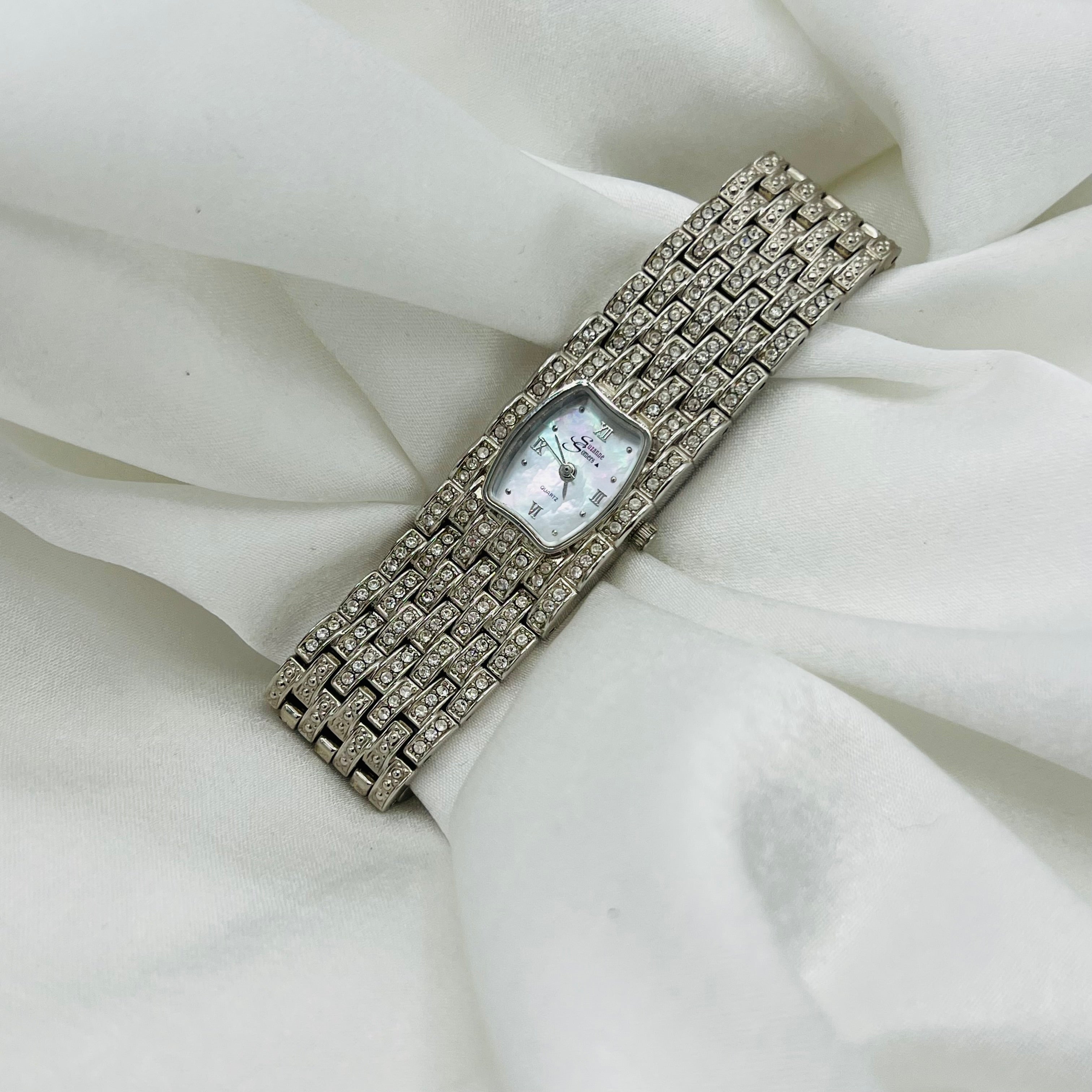 💎 Silver-Toned Diamanté Watch with Mother of Pearl Dial