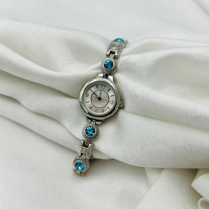 Blue Diamanté Silver-Toned Watch