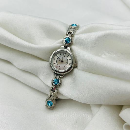 Blue Diamanté Silver-Toned Watch