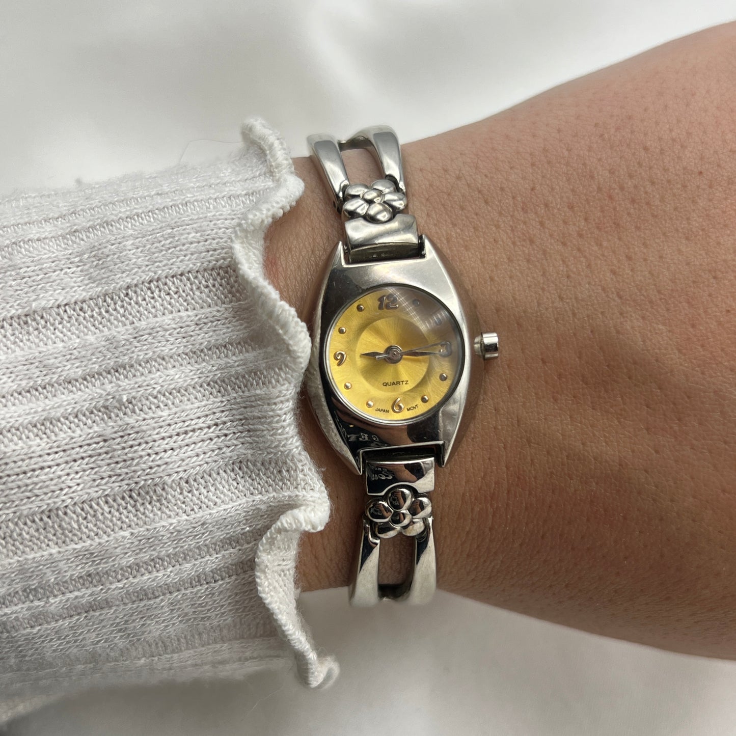 Flower Silver-Tone Watch with Golden Dial