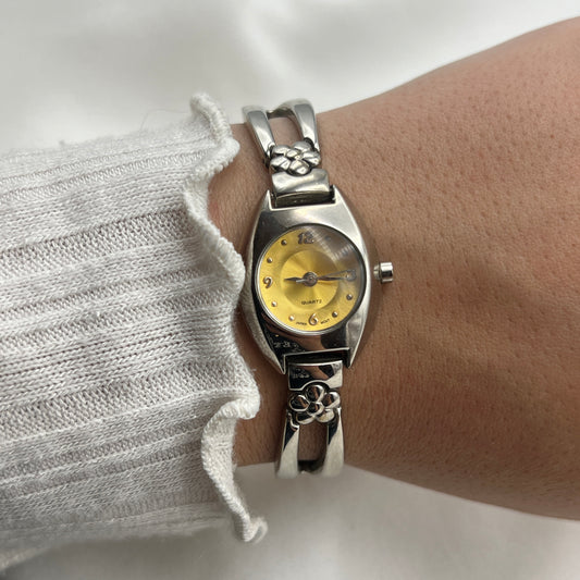 Flower Silver-Tone Watch with Golden Dial