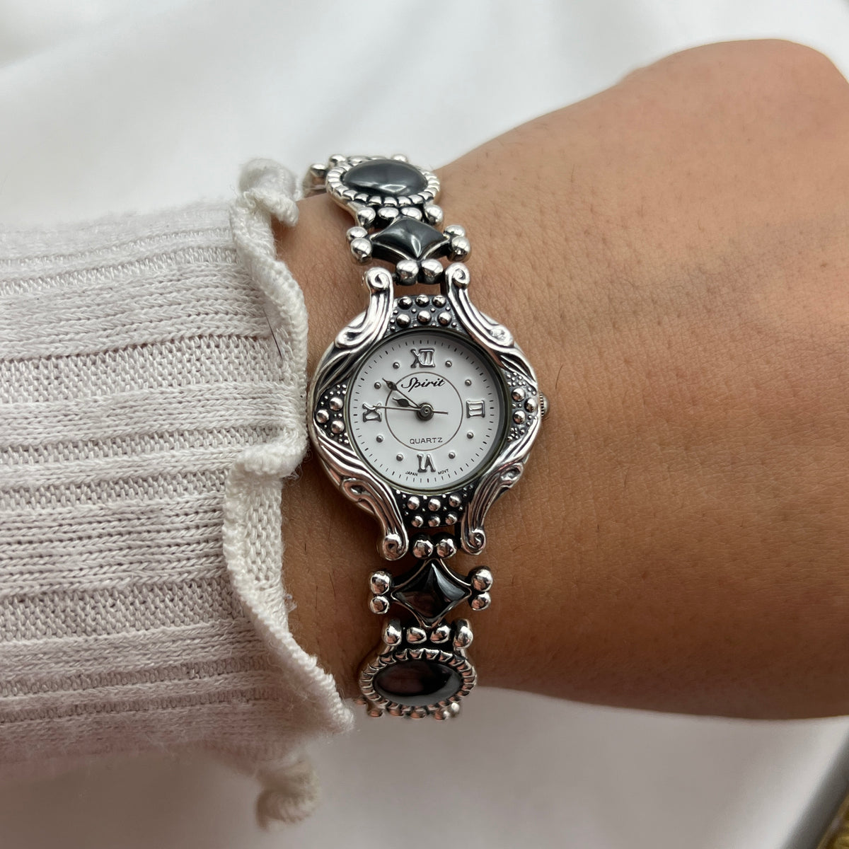 Ornate Black-Detailing Silver-Tone Watch