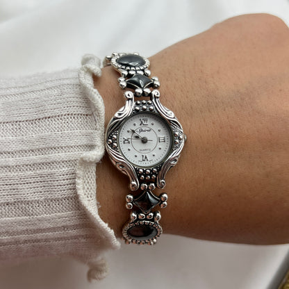 Ornate Black-Detailing Silver-Tone Watch