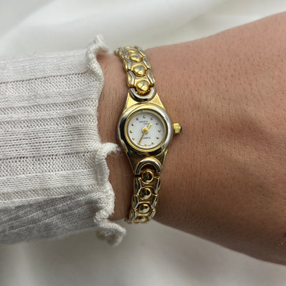 Dainty Gold-Tone Watch with Emerald-Tone Jewel Crown