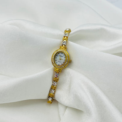 Gold-Toned Diamanté Tennis Bracelet Watch with Mother of Pearl Dial