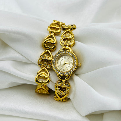 RARE Heart Diamanté Gold-Toned Watch & Bracelet Set