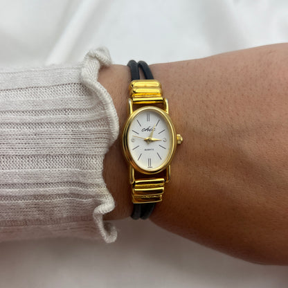 Multi-Black Leather Strap Watch