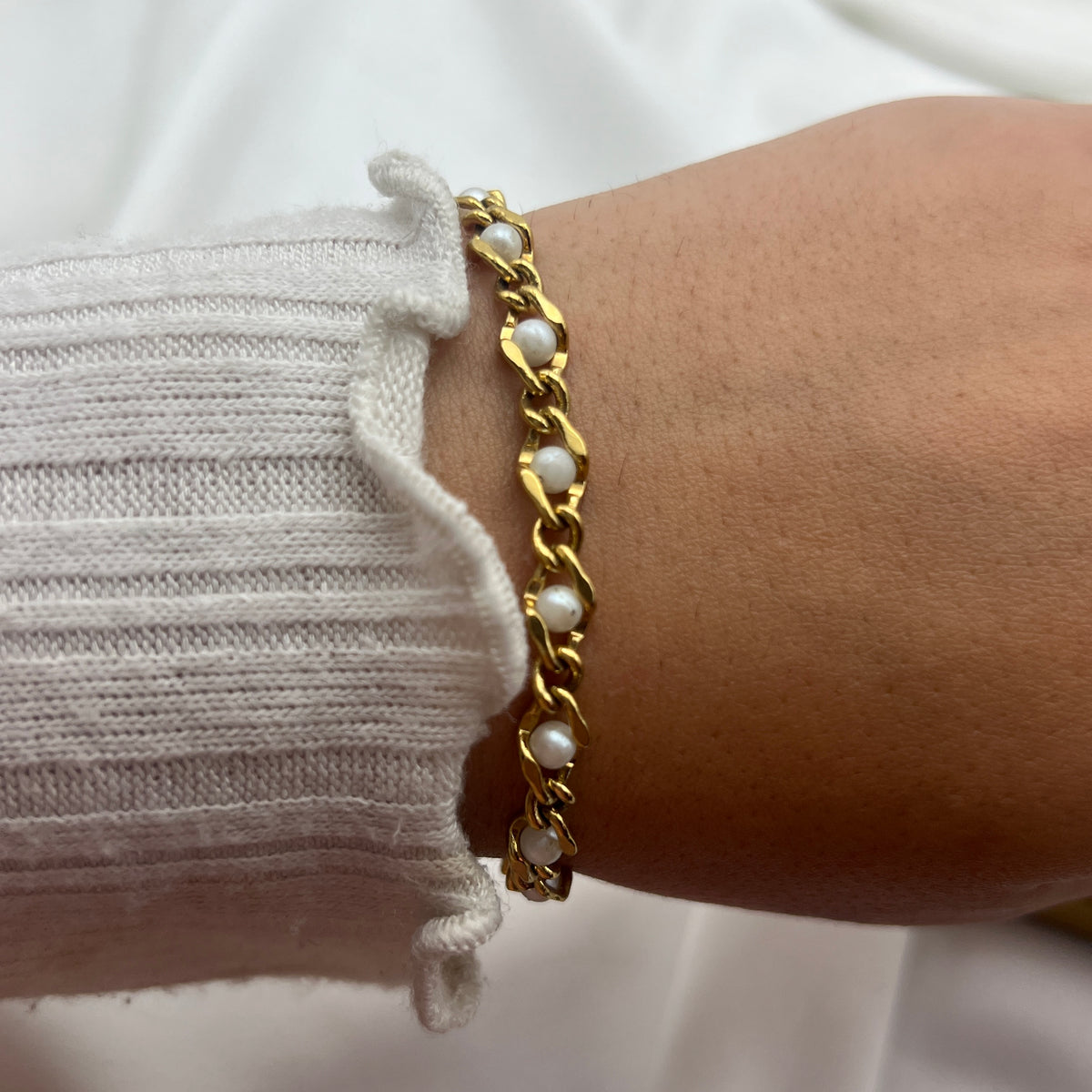 White Beaded Gold-Tone Bracelet