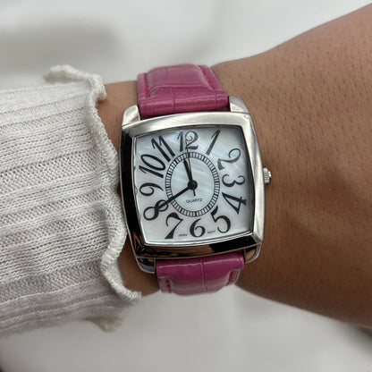 Hot Pink Croc Embossed Watch with Mother of Pearl Dial