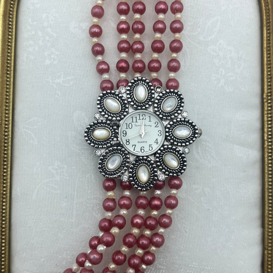 Statement Pink Pearl Flower Gemstone Watch