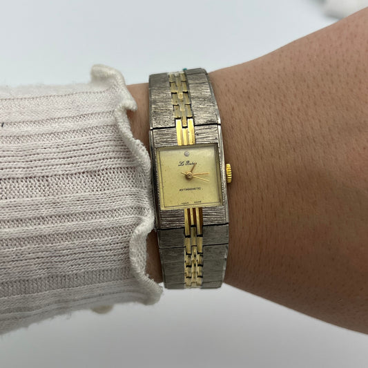 Brushed Two-Toned Watch with Minimalist Square Champagne Dial