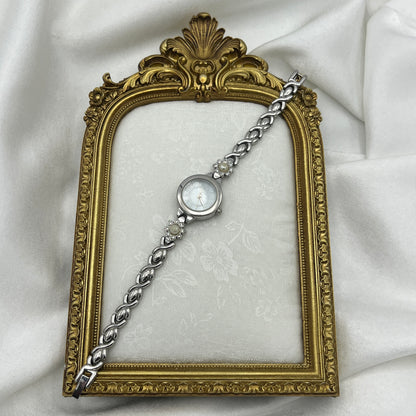 Silver-Tone Pearl Flower Watch with Mother of Pearl Dial