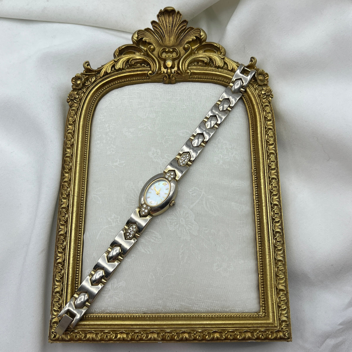 Oval Diamanté Gold-Tone Watch with Mother of Pearl Dial