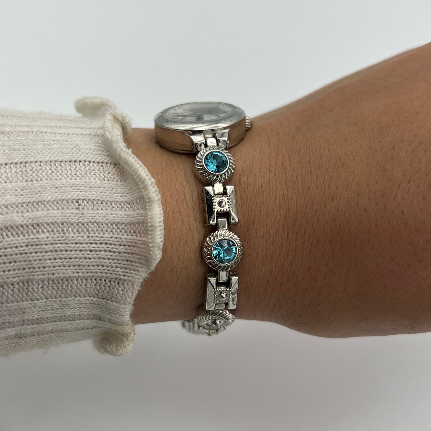 Blue Diamanté Silver-Toned Watch