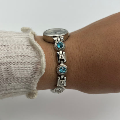 Blue Diamanté Silver-Toned Watch