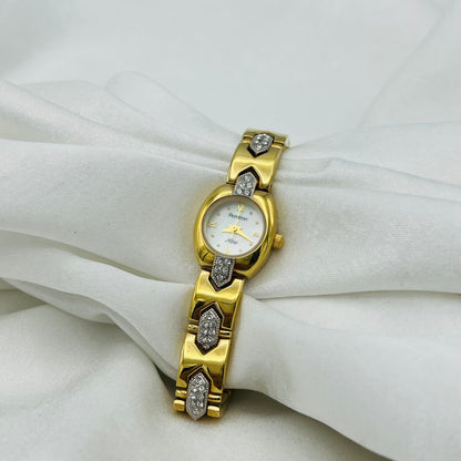 Petite Gold-Toned Diamanté Watch with Mother of Pearl Dial