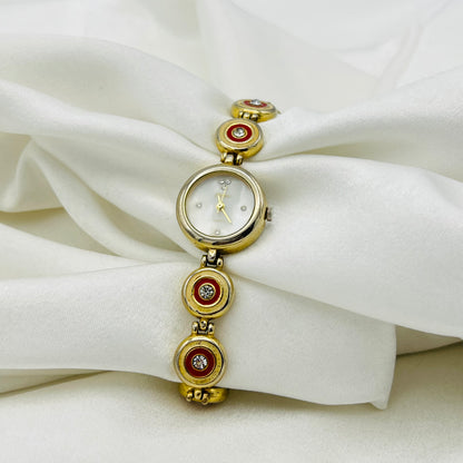 Red & Beige Detailed Diamante Watch