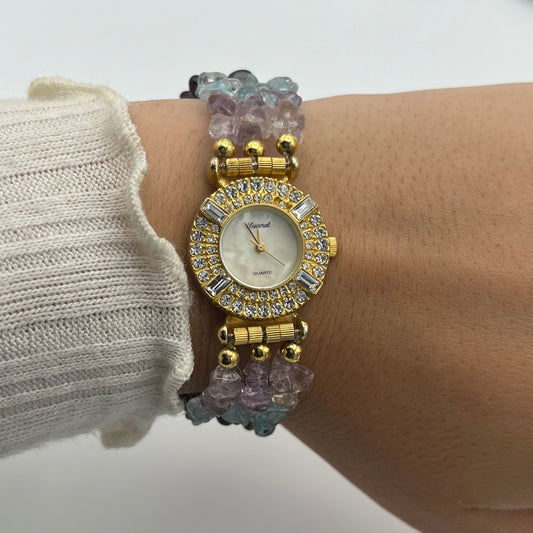 Gold-Toned Lucoral Watch with Multi-Colored Crystal Strap