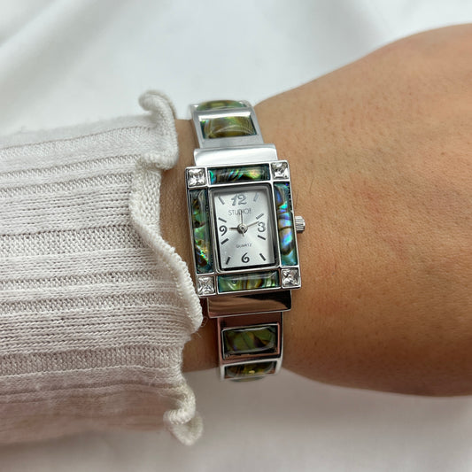 Silver-Tone Abalone Diamante Watch