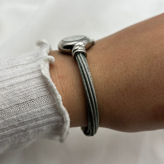 Twisted Silver-Tone Watch with Blue Gem Details